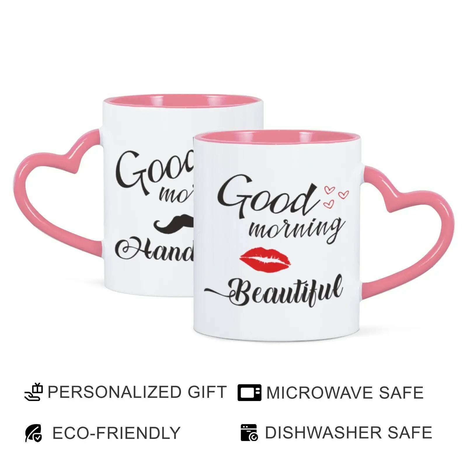 KIMLUD, 2pc 11oz Good Morning Beautiful Handsome Ceramic Coffee Mug Couples Sets Funny His Her Gifts Husband Wife Anniversary Presents, Pink / 325ml, KIMLUD APPAREL - Womens Clothes