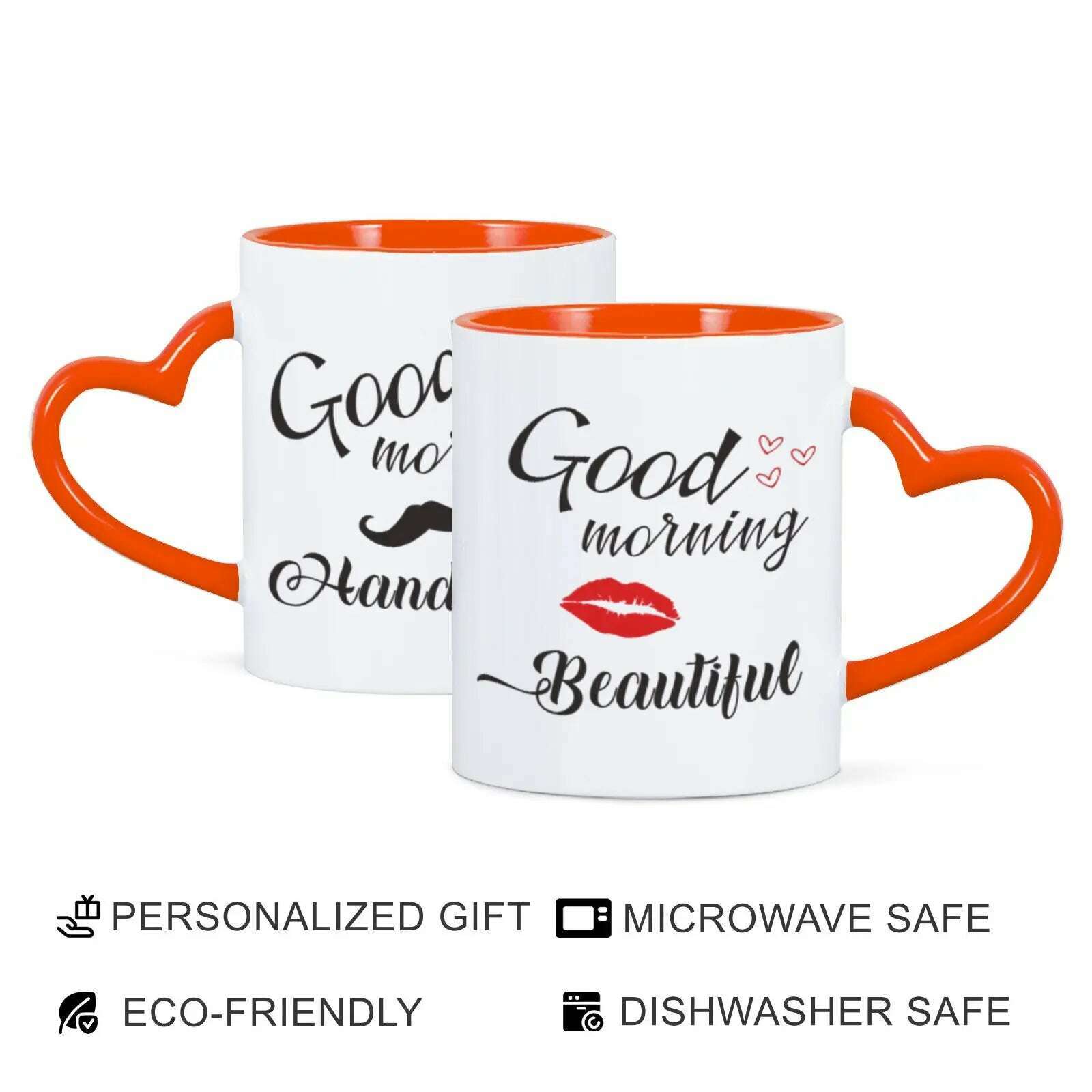 KIMLUD, 2pc 11oz Good Morning Beautiful Handsome Ceramic Coffee Mug Couples Sets Funny His Her Gifts Husband Wife Anniversary Presents, Orange / 325ml, KIMLUD APPAREL - Womens Clothes