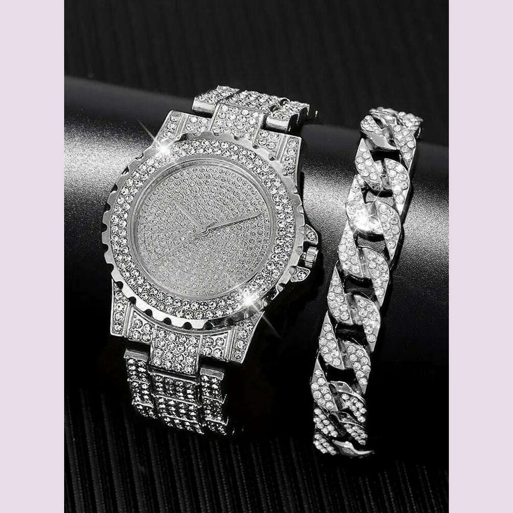 2pcs Stylish Shiny Full Diamond MEN'S Large Dial Steel Band Quartz Watch with Diamond Inlaid Chain Bracelet Set - KIMLUD