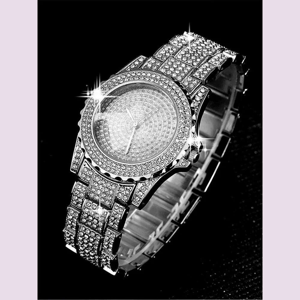 2pcs Stylish Shiny Full Diamond MEN'S Large Dial Steel Band Quartz Watch with Diamond Inlaid Chain Bracelet Set - KIMLUD