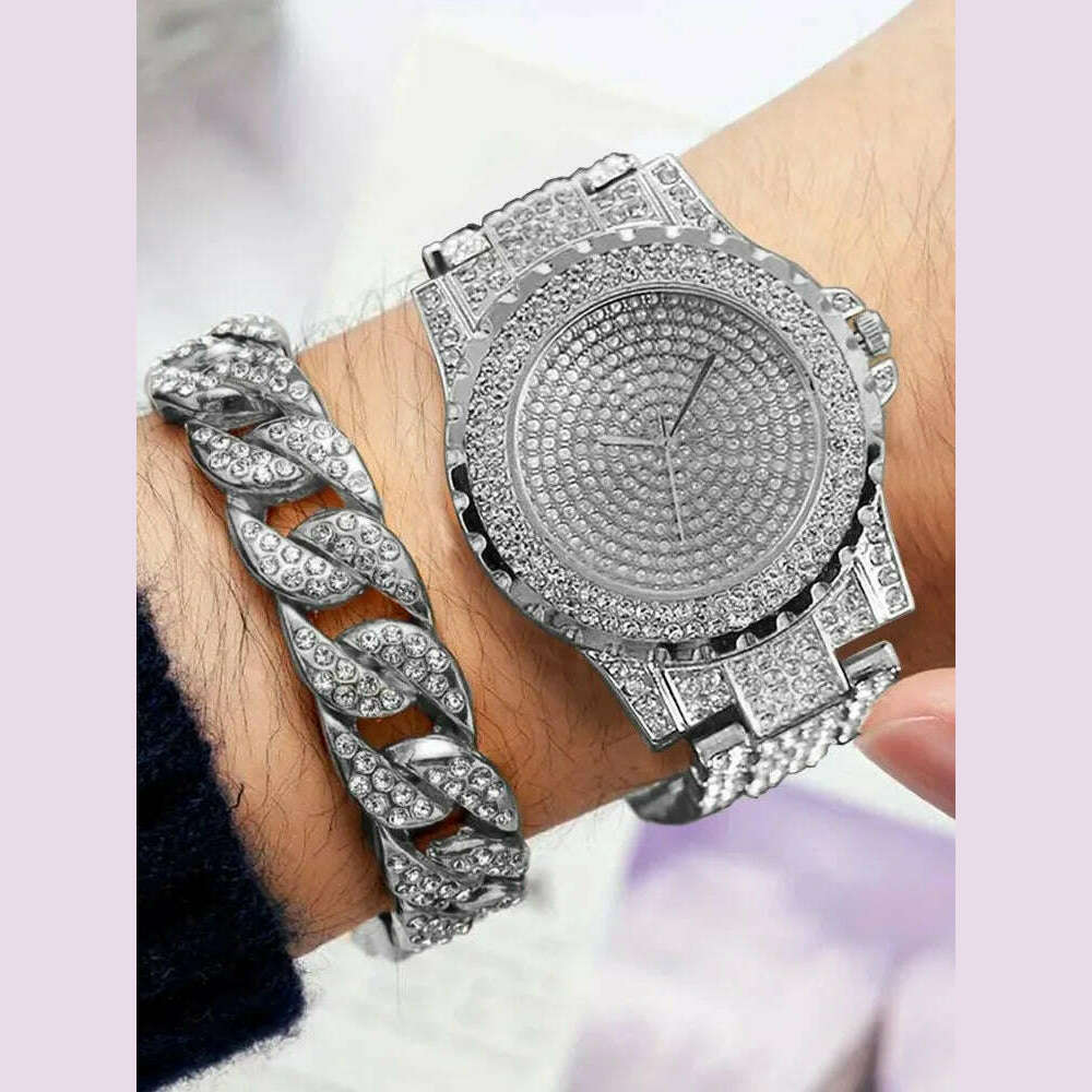 2pcs Stylish Shiny Full Diamond MEN'S Large Dial Steel Band Quartz Watch with Diamond Inlaid Chain Bracelet Set - KIMLUD