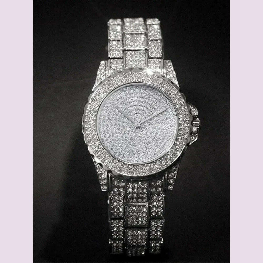 2pcs Stylish Shiny Full Diamond MEN'S Large Dial Steel Band Quartz Watch with Diamond Inlaid Chain Bracelet Set - KIMLUD