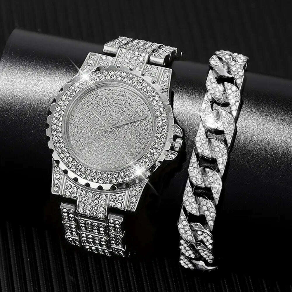 KIMLUD, 2pcs Stylish Shiny Full Diamond MEN'S Large Dial Steel Band Quartz Watch with Diamond Inlaid Chain Bracelet Set, No / Silver, KIMLUD APPAREL - Womens Clothes