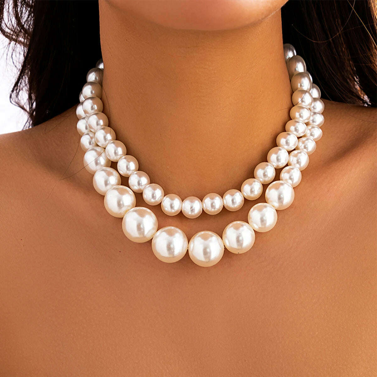 2Pcs/Set Luxury Elegant Big Imitation Pearl Choker Necklace for Women Exaggerated Multilayer Beaded Collar Chain Wedding Jewelry - KIMLUD