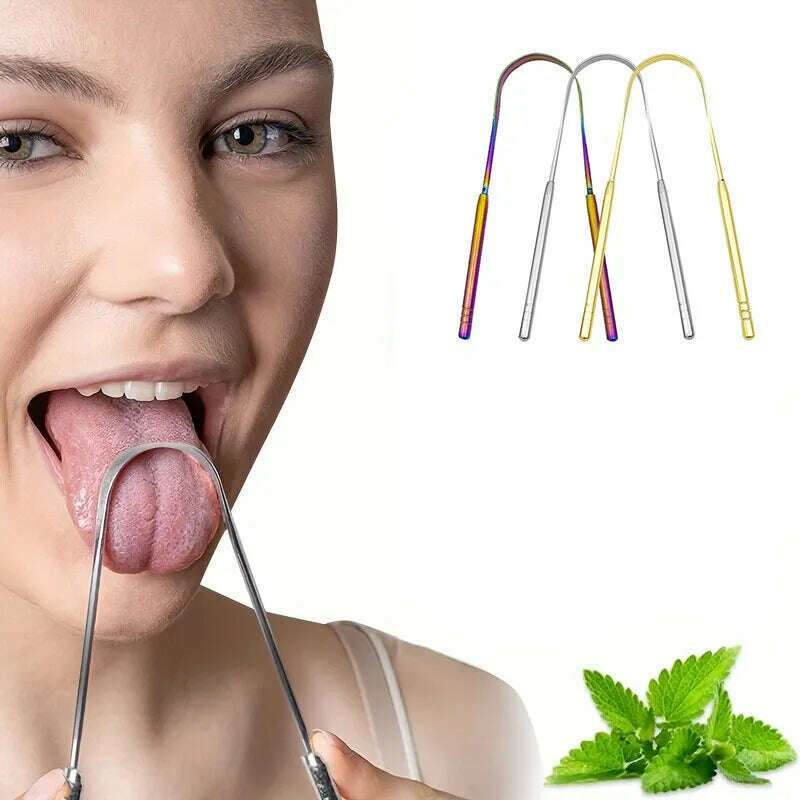 3 Colors Stainless Steel Tongue Scraper U-shaped Metal Fresh Breath Cleaning Coated Tongue Toothbrush Oral Hygiene Care Tools - KIMLUD