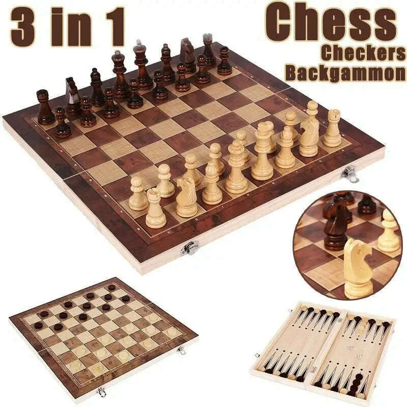 KIMLUD, 3 in 1 Chess Board, Folding Wooden Portable Chess Game Board, Wooden Chess Board for Adults(Chess + Checkers and Backgammon), KIMLUD Womens Clothes