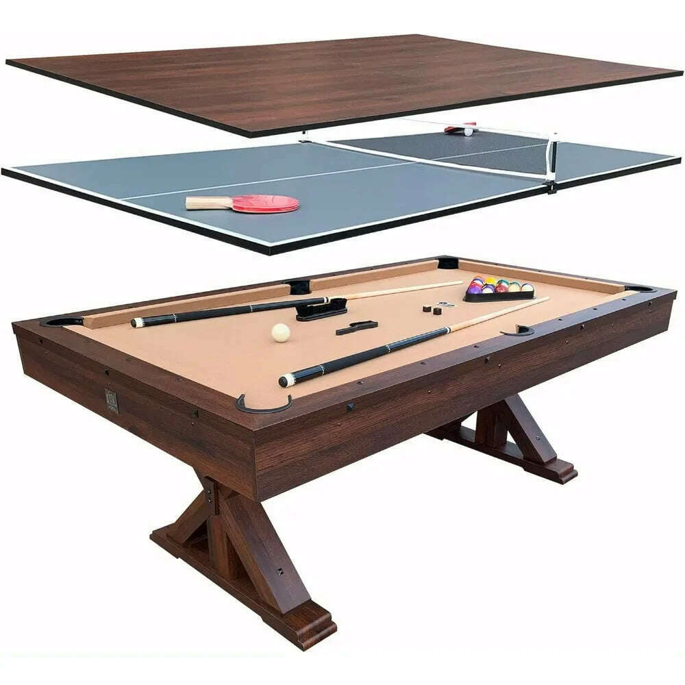 3 in 1 Multi Game Pool Table with Dining Top Pool Ping Pong Combo, 7 FT Includes Pool Table Accessories and Tennis - KIMLUD