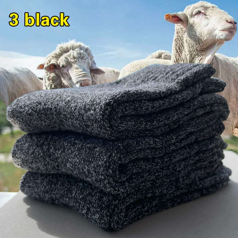 KIMLUD, 3 Pairs Winter Warm Thick Towel bottom Man Socks Wool Male Socks Slipper Socks Merino Wool Socks Against Cold Snow Socks 39-44, 3 pairs black, KIMLUD APPAREL - Womens Clothes