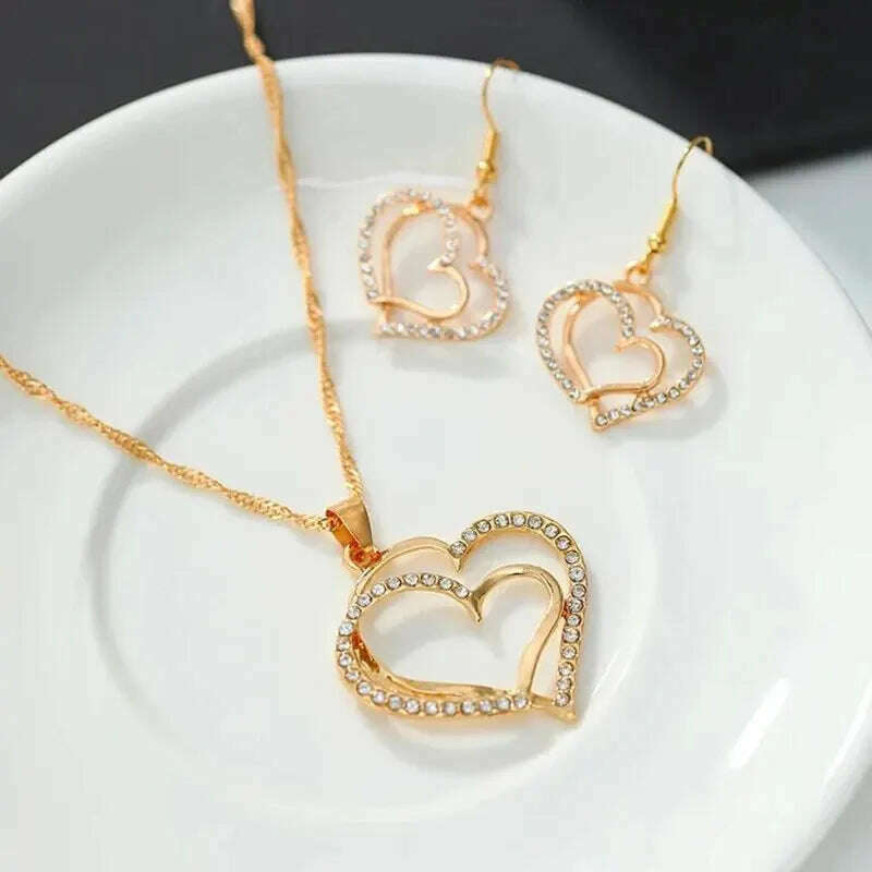 KIMLUD, 3 Pcs Set Heart Shaped Jewelry Set Of Earrings Pendant Necklace For Women Exquisite Fashion Rhinestone Double Heart Jewelry Set, KIMLUD Womens Clothes