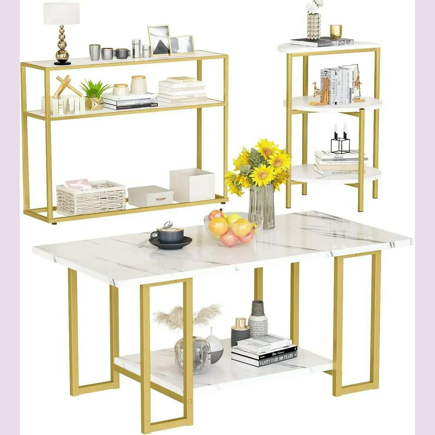 KIMLUD, 3 Pieces Modern Coffee Set, with End Table and Console Table, Contemporary Faux Marble Living Room Table Sets, White&Gold, KIMLUD Womens Clothes