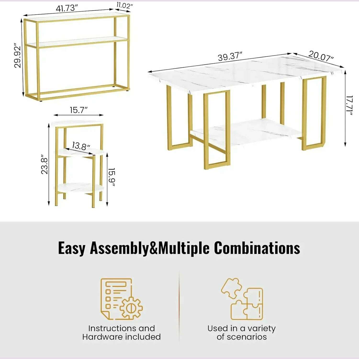 3 Pieces Modern Coffee Set, with End Table and Console Table, Contemporary Faux Marble Living Room Table Sets, White&Gold - KIMLUD