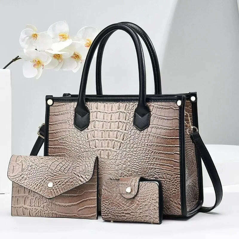 KIMLUD, 3 Pieces Sets Shoulder Bag for Women Retro Crocodile Pattern High Quality Leather Luxury Designer Crossbody Commute Tote Handbag, KIMLUD Womens Clothes