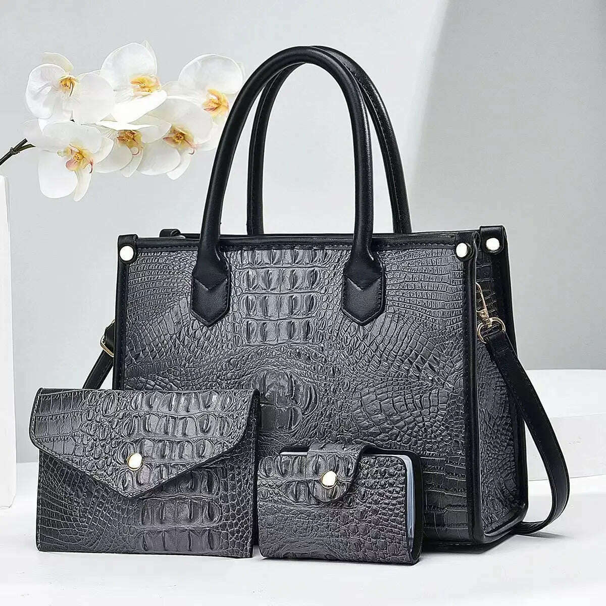 KIMLUD, 3 Pieces Sets Shoulder Bag for Women Retro Crocodile Pattern High Quality Leather Luxury Designer Crossbody Commute Tote Handbag, KIMLUD Womens Clothes