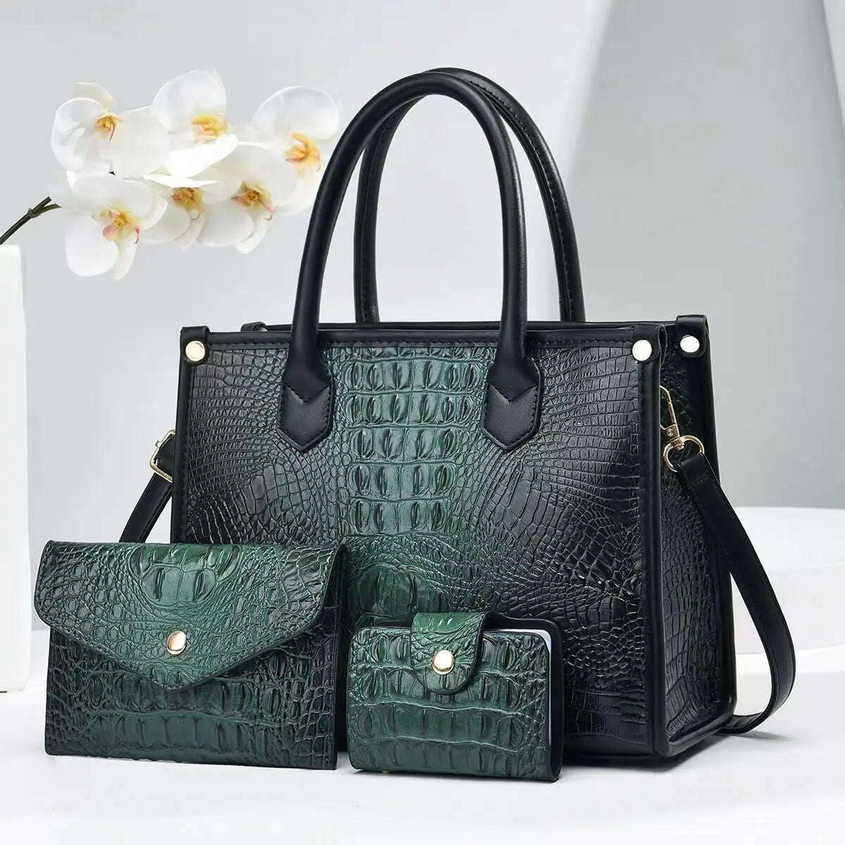 KIMLUD, 3 Pieces Sets Shoulder Bag for Women Retro Crocodile Pattern High Quality Leather Luxury Designer Crossbody Commute Tote Handbag, KIMLUD Womens Clothes