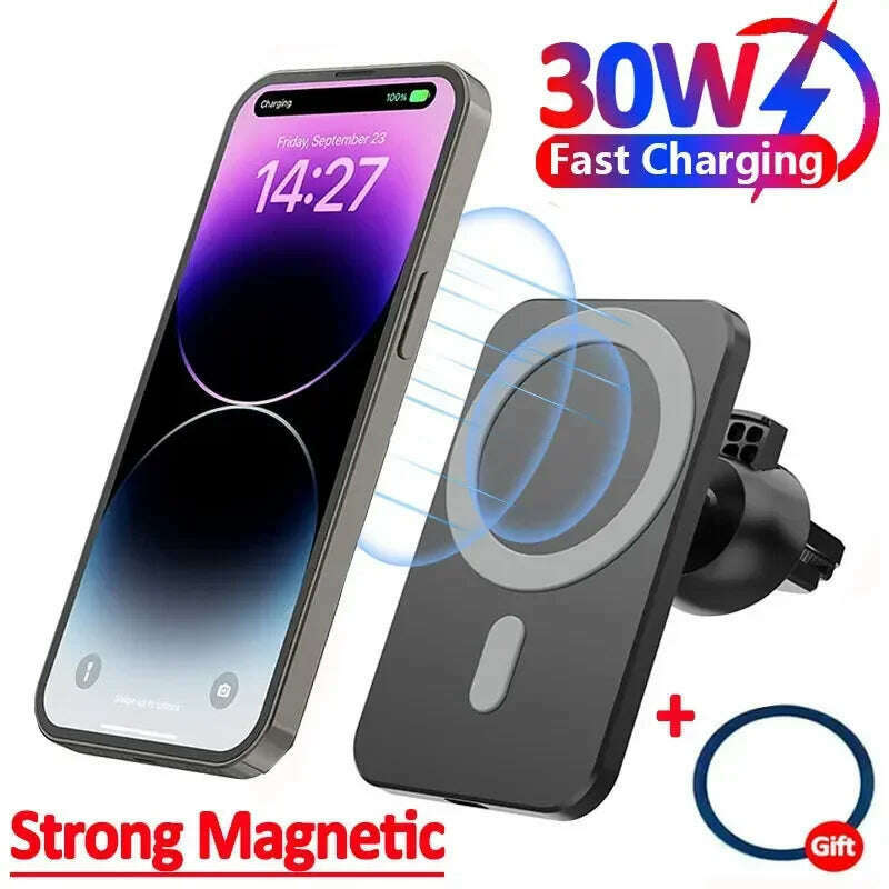 30W Magnetic Wireless Car Charger MacSafe for iPhone 15 14 13 12 Pro Max Xiaomi Samsung Magnet Air Vent Mount Phone Holder Stand - KIMLUD