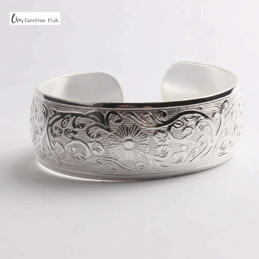 KIMLUD, 31 Stijl Nieuwe Gypsy Square Flower Metal Tibetan Silver vintage retro Fashion Cuff Bracelet Bangle for her Christmas Paar gift, 10- silver, KIMLUD APPAREL - Womens Clothes