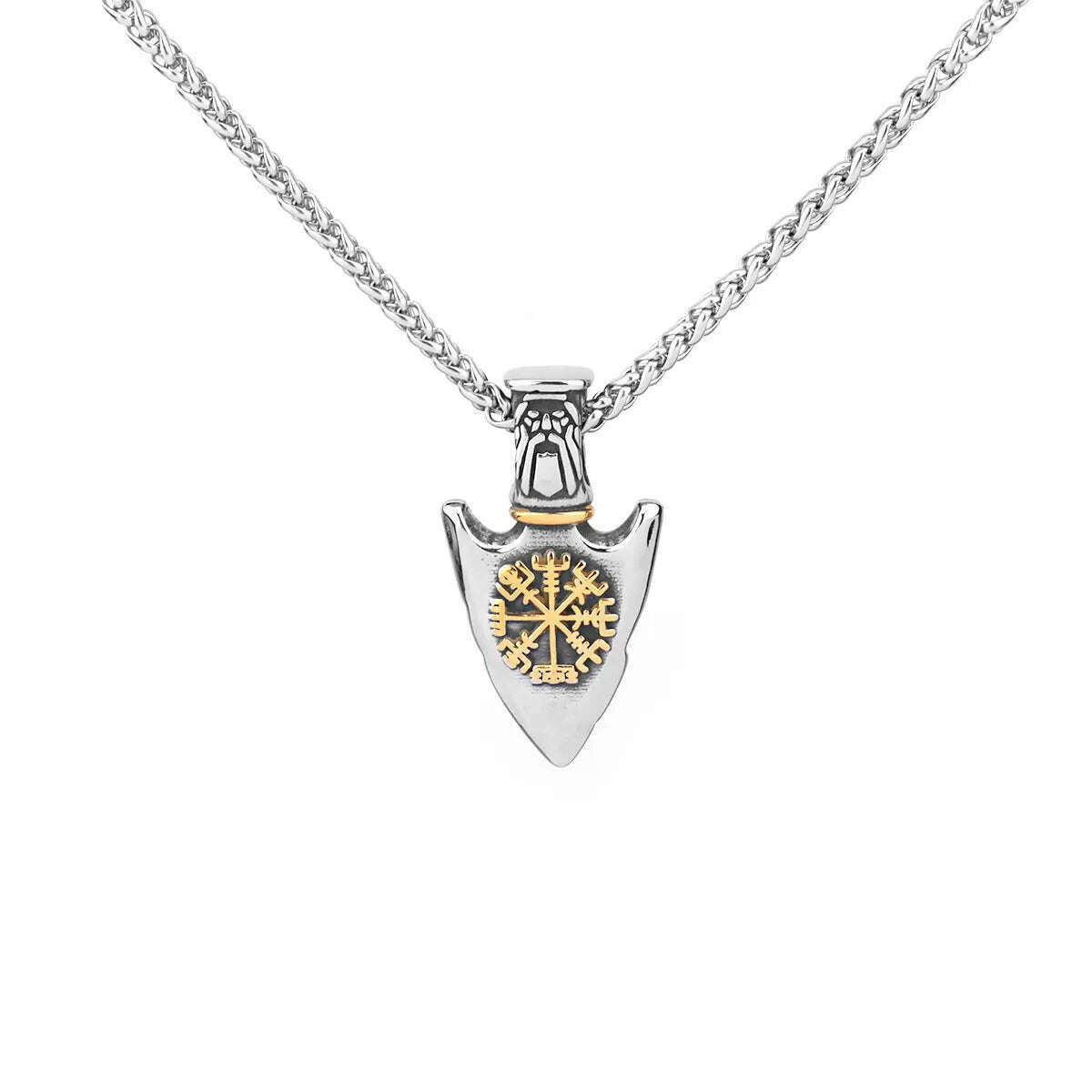 KIMLUD, 316L Stainless Steel Pendant Viking Rune Compass Necklace For Men With Curb Chain Male Spear Arrow Style Necklace Jewelry Gifts, KIMLUD Womens Clothes