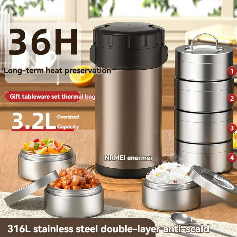 3.2L Thermal Insulation lunch Box Bento Stainless Stee large Capacity Portable Multilayer Separate Food Container For Adult Kids - KIMLUD