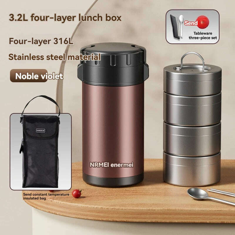 3.2L Thermal Insulation lunch Box Bento Stainless Stee large Capacity Portable Multilayer Separate Food Container For Adult Kids - KIMLUD