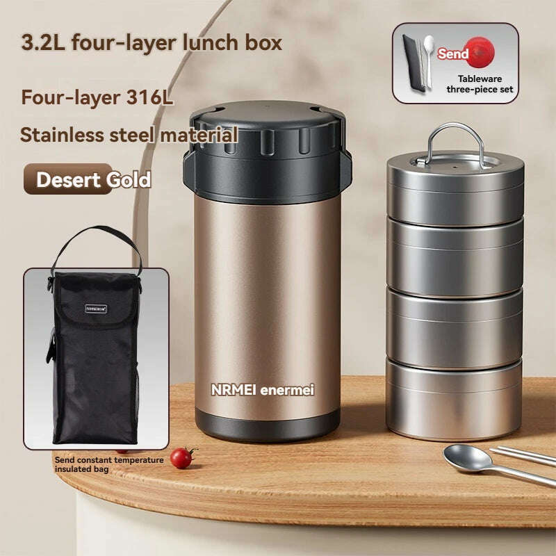 3.2L Thermal Insulation lunch Box Bento Stainless Stee large Capacity Portable Multilayer Separate Food Container For Adult Kids - KIMLUD