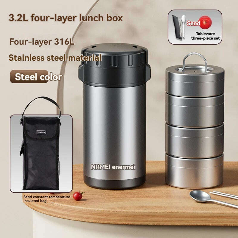 KIMLUD, 3.2L Thermal Insulation lunch Box Bento Stainless Stee large Capacity Portable Multilayer Separate Food Container For Adult Kids, 3.2L  Silver gray / 2.1L-3.2L, KIMLUD APPAREL - Womens Clothes