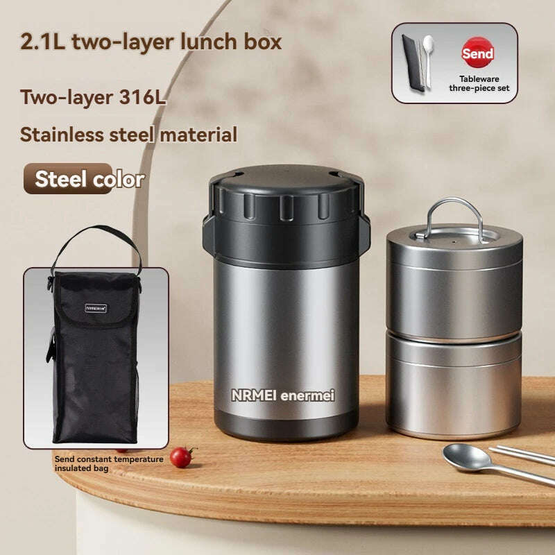 KIMLUD, 3.2L Thermal Insulation lunch Box Bento Stainless Stee large Capacity Portable Multilayer Separate Food Container For Adult Kids, 2.1L  Silver gray / 2.1L-3.2L, KIMLUD APPAREL - Womens Clothes