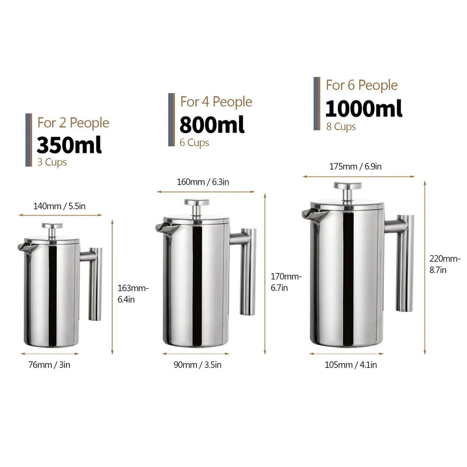 350ml/800ml/1000ml Coffee Maker Pot French Press Coffee Maker Stainless Steel Double Walled Insulated Coffee Maker Pot - KIMLUD