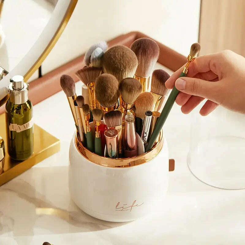 360° Rotating Makeup Brushes Holder Portable Desktop Makeup Organizer Cosmetic Storage Box Make Up Tools Jewelry Container - KIMLUD