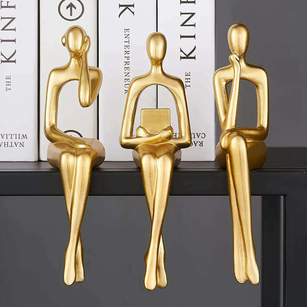 KIMLUD, 3pcs Abstract Figures Resin Statue Gold Thinker Sculpture Ornament Art Sitting Posture Character Statues Home Shelf Decorations, KIMLUD Womens Clothes