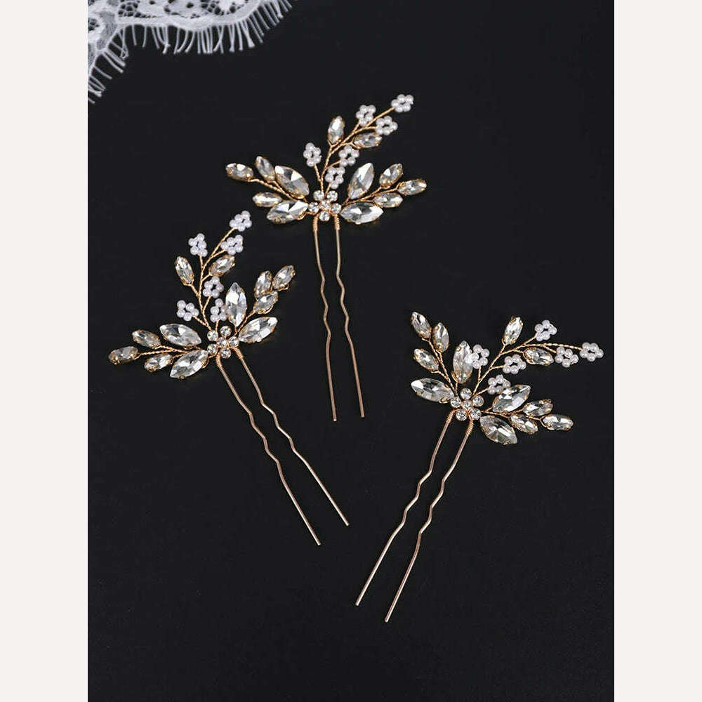 KIMLUD, 3PCS Bridal Hair Pins Rose Gold Silver Rhinestone Bride Headdress Women Flower Hair Jewelry Wedding Hair Accessories, Gold / CHINA, KIMLUD Womens Clothes