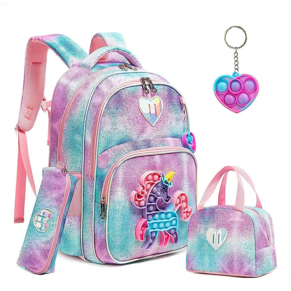 3pcs Kids Backpacks for Girls School Bag with Lunch Box Set Cute Bookbag for Primary School - KIMLUD