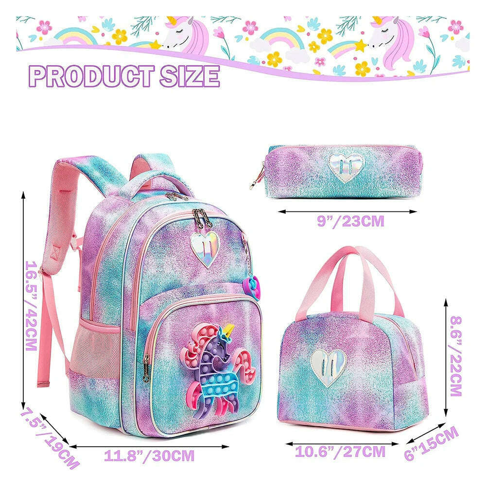 3pcs Kids Backpacks for Girls School Bag with Lunch Box Set Cute Bookbag for Primary School - KIMLUD