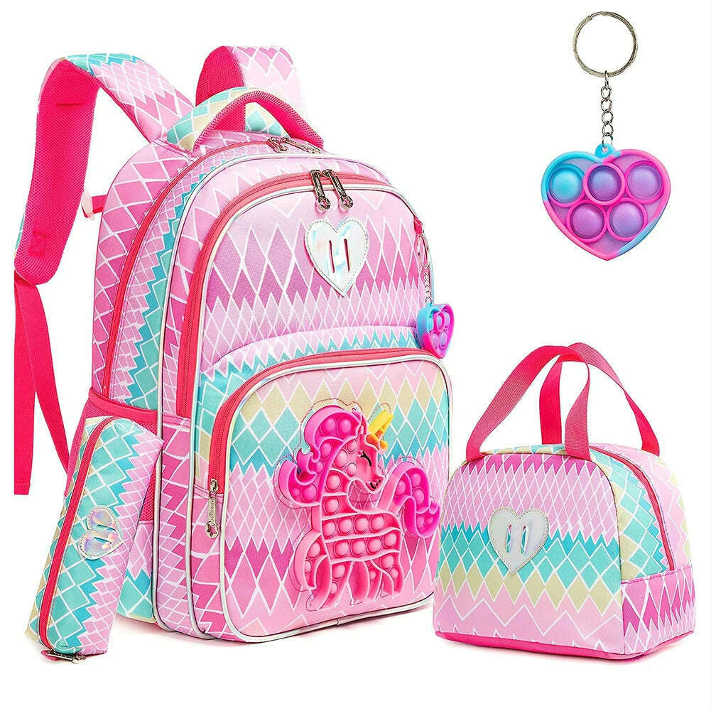 3pcs Kids Backpacks for Girls School Bag with Lunch Box Set Cute Bookbag for Primary School - KIMLUD