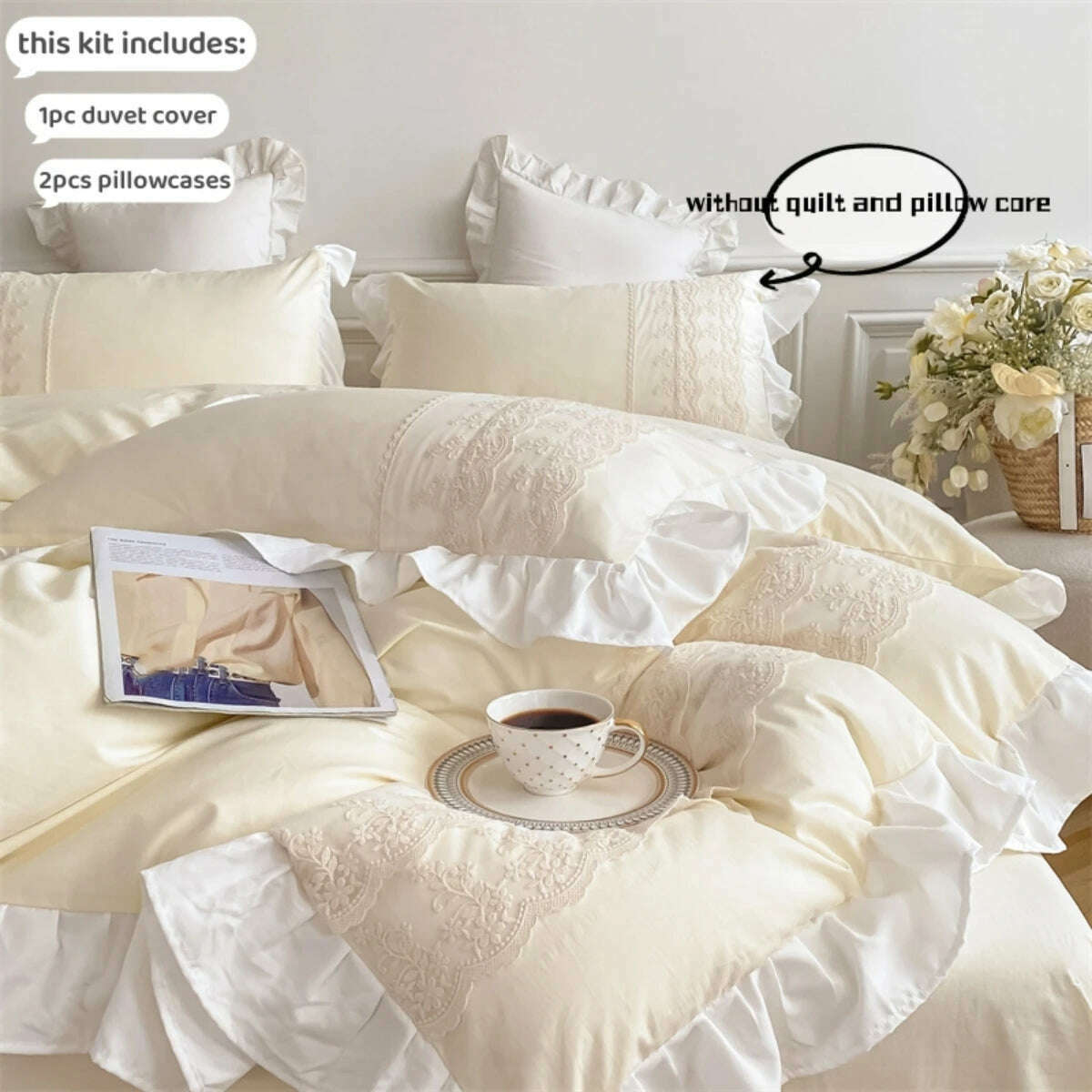 3pcs Princess style pillowcase set, duvet cover set with pillowcases, Lace bedding set, king and double, beige - KIMLUD