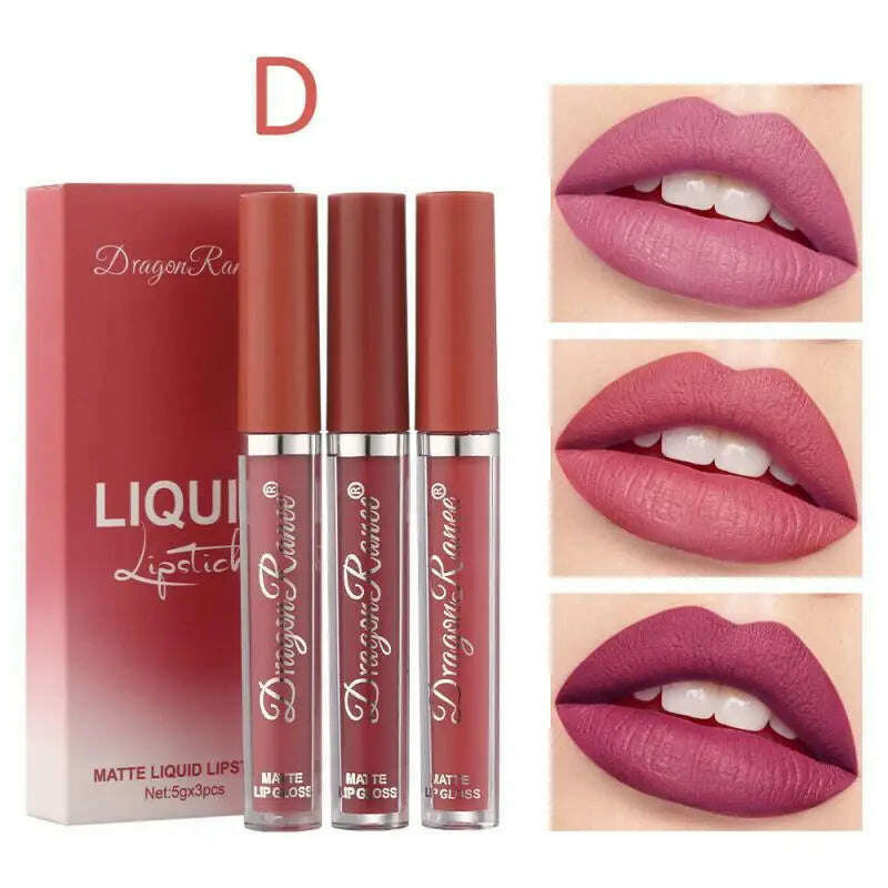 KIMLUD, 3pcs Velvet Matte Lip Gloss Set Waterproof Long-wear Liquid Lipstick Lip Colour Lips Daily Makeup Women Cosmetics, 04 / China, KIMLUD Womens Clothes