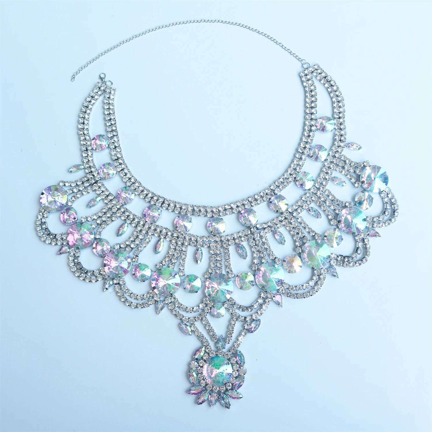 3ps New Shiny AB Crystal Necklace Earring Jewelry Set for Women's Fashion Bridal Wedding Party Rhinestone Jewelry Set - KIMLUD