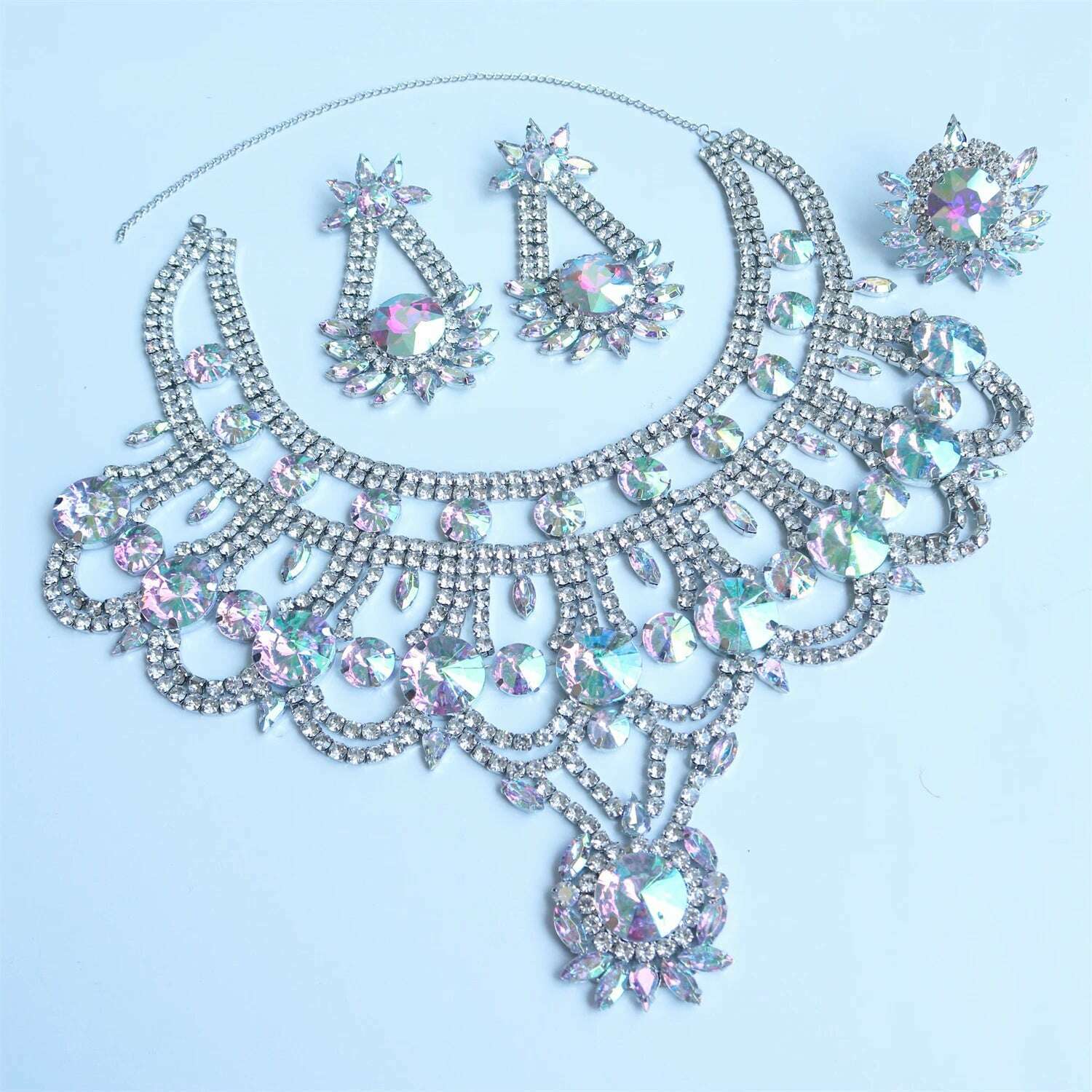 3ps New Shiny AB Crystal Necklace Earring Jewelry Set for Women's Fashion Bridal Wedding Party Rhinestone Jewelry Set - KIMLUD