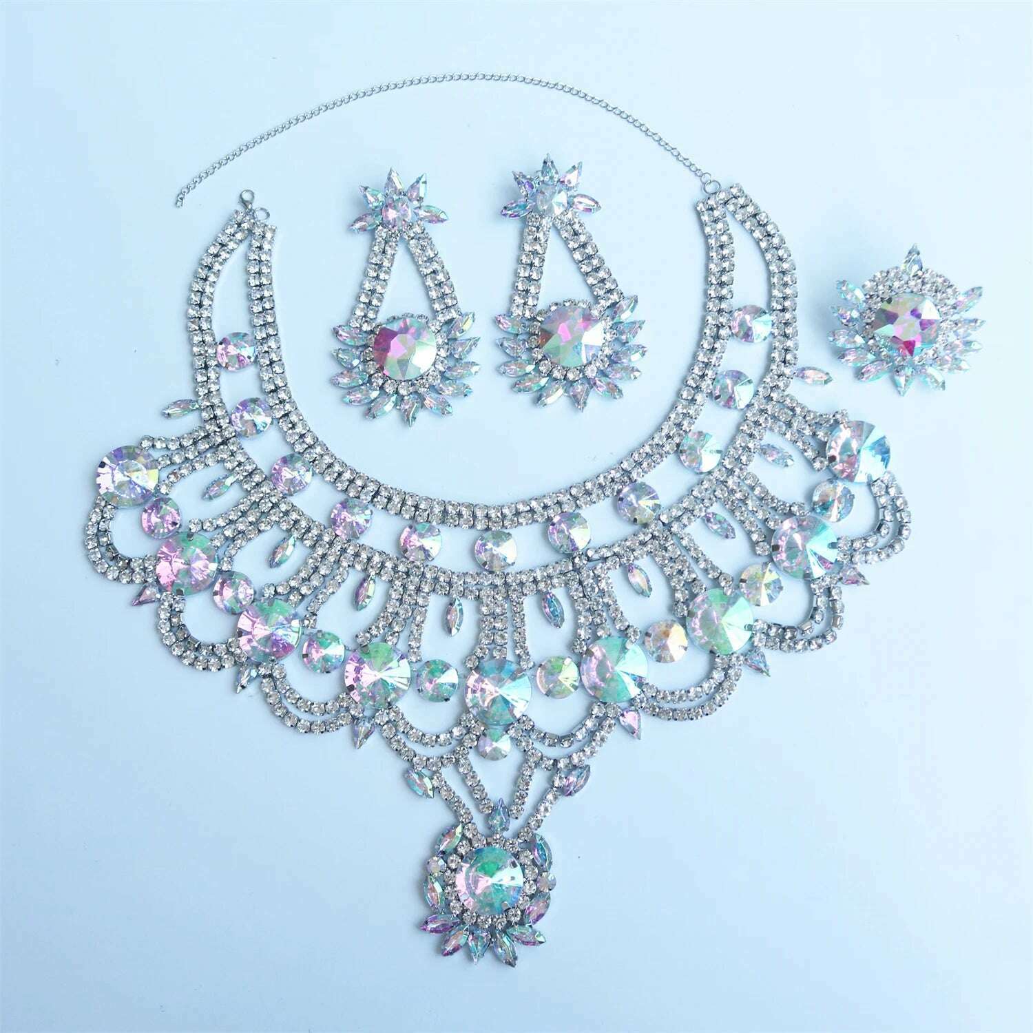 3ps New Shiny AB Crystal Necklace Earring Jewelry Set for Women's Fashion Bridal Wedding Party Rhinestone Jewelry Set - KIMLUD