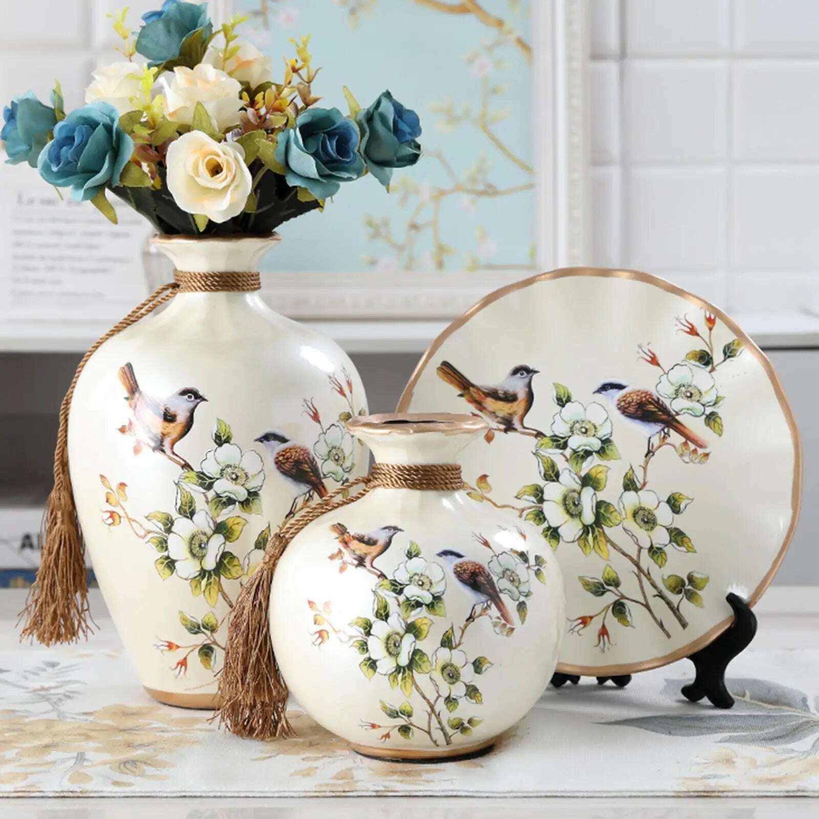 KIMLUD, 3x Chinese Style Ceramic Vases Bird Pattern Porcelain Vase for Farmhouse, KIMLUD Womens Clothes