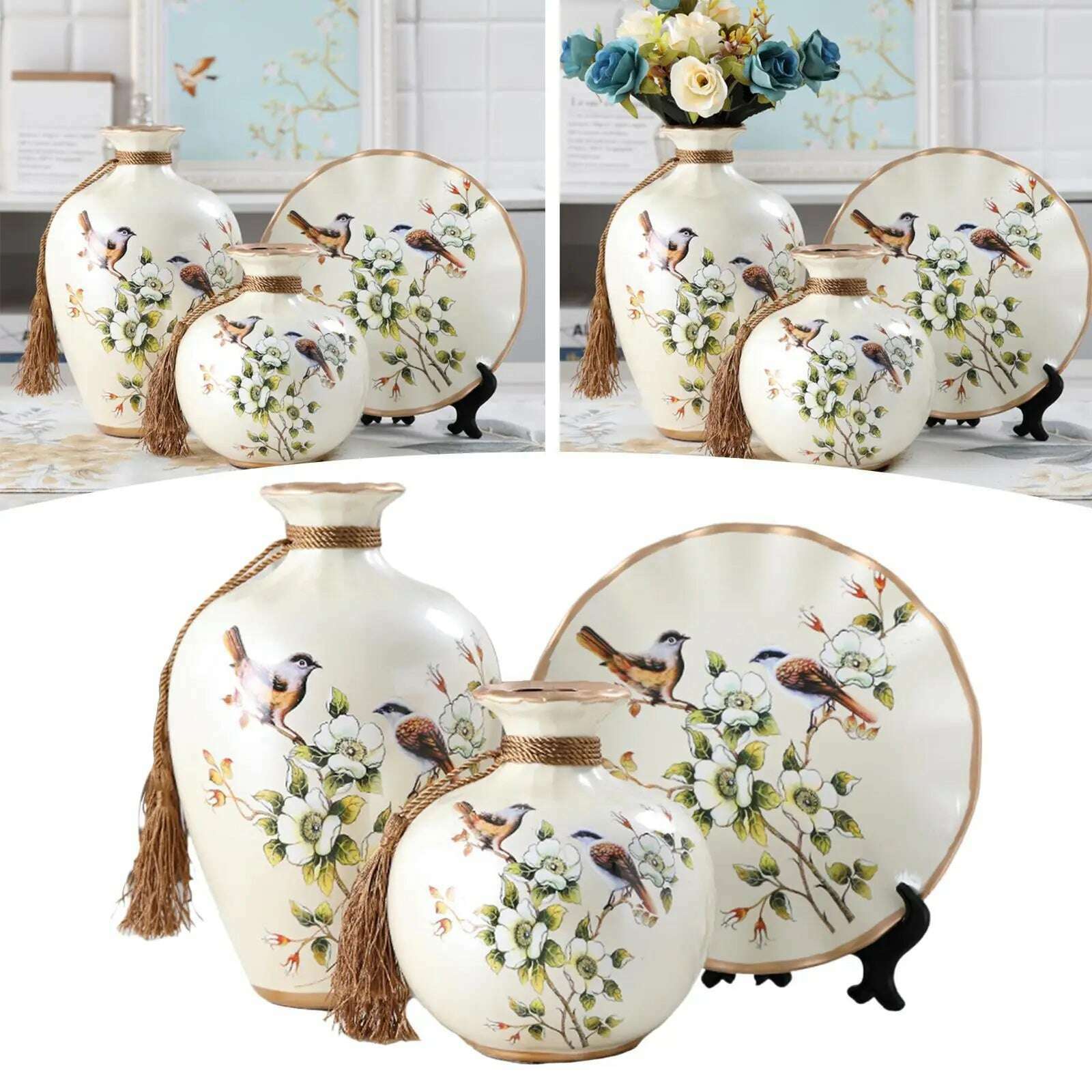 KIMLUD, 3x Chinese Style Ceramic Vases Bird Pattern Porcelain Vase for Farmhouse, KIMLUD Womens Clothes