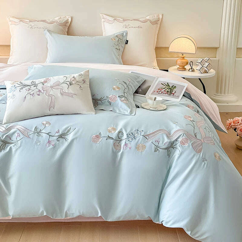 KIMLUD, 4 pieces Luxury cotton bed linen Embroidered comforter bedding set couple duvet Quilt cover set double sheets set Pillow case, light blue / 4pcs for 1.5m bed / Flat Bed Sheet, KIMLUD APPAREL - Womens Clothes