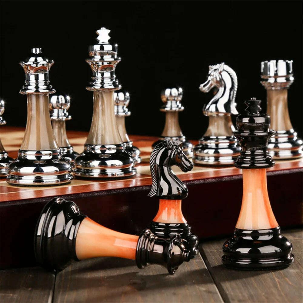 KIMLUD, 45X45X3cm Luxury Metal Retro European Decoration Sets Wooden Chess Figures Family Classic Solid Folding Checkerboard Professiona, KIMLUD Womens Clothes