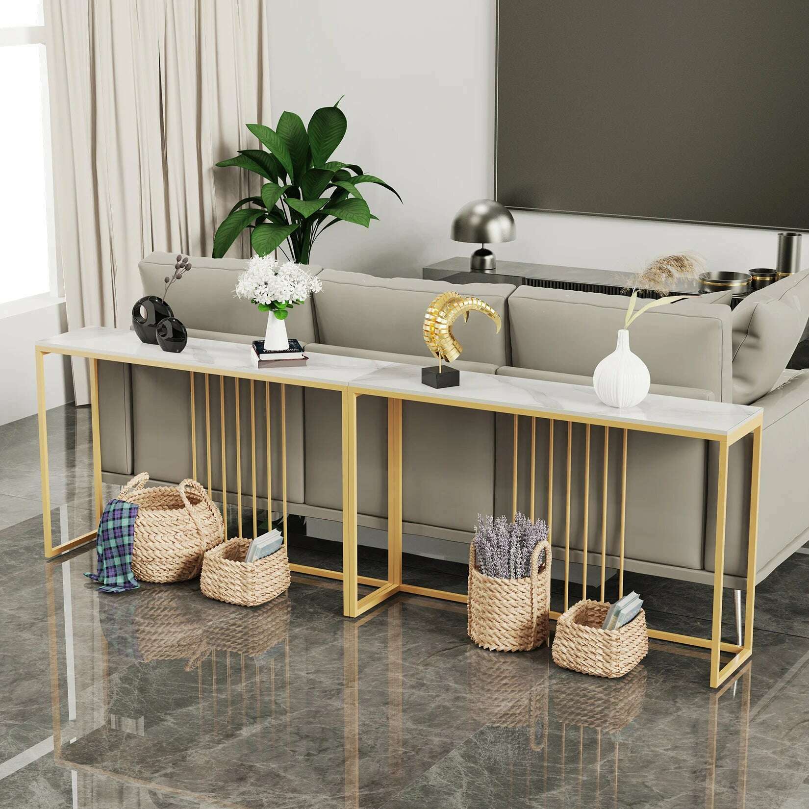 47.2" Extra Long Console Table Sintered Top Gold Metal Leg Sofa Table for Hallway Entryway - KIMLUD