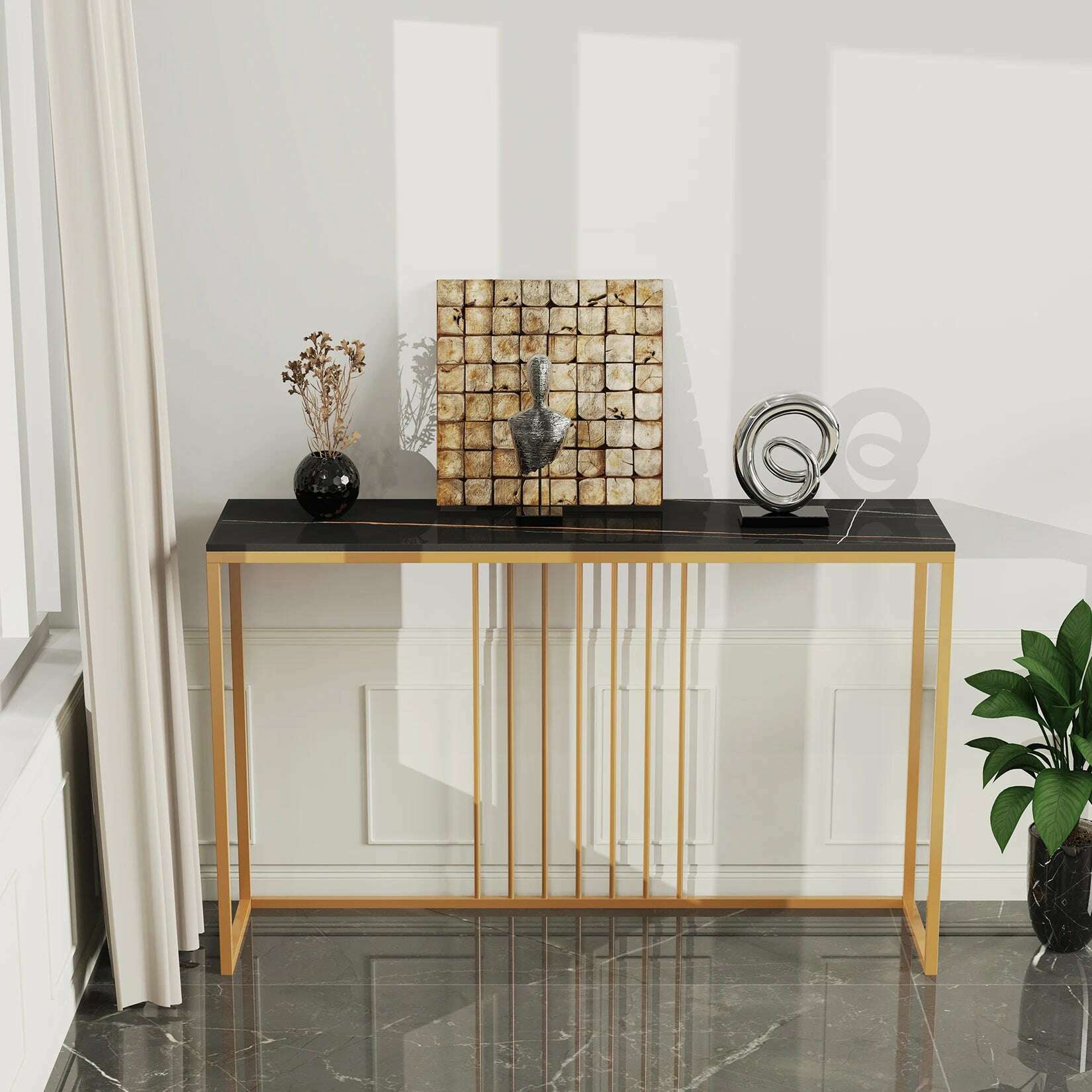 47.2" Extra Long Console Table Sintered Top Gold Metal Leg Sofa Table for Hallway Entryway - KIMLUD