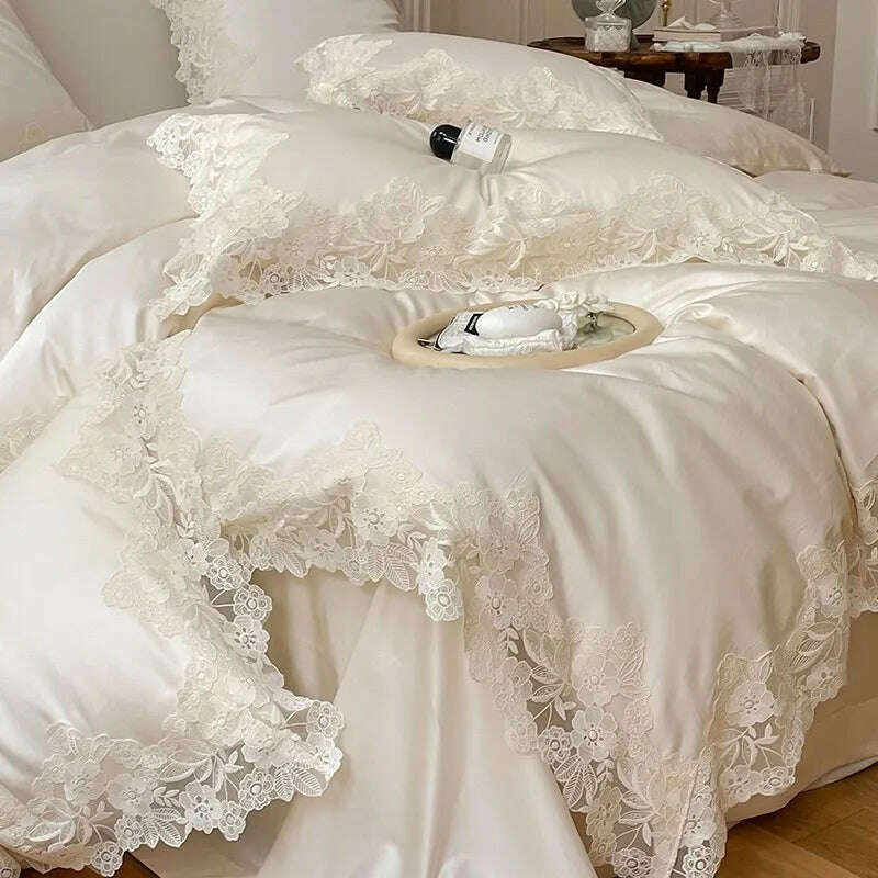 4/7Pcs French Romantic Wedding Chic White Lace Bedding Set 1000TC Egyptian Cotton Ultra Soft Duvet Cover Bed Sheet Pillowcases - KIMLUD