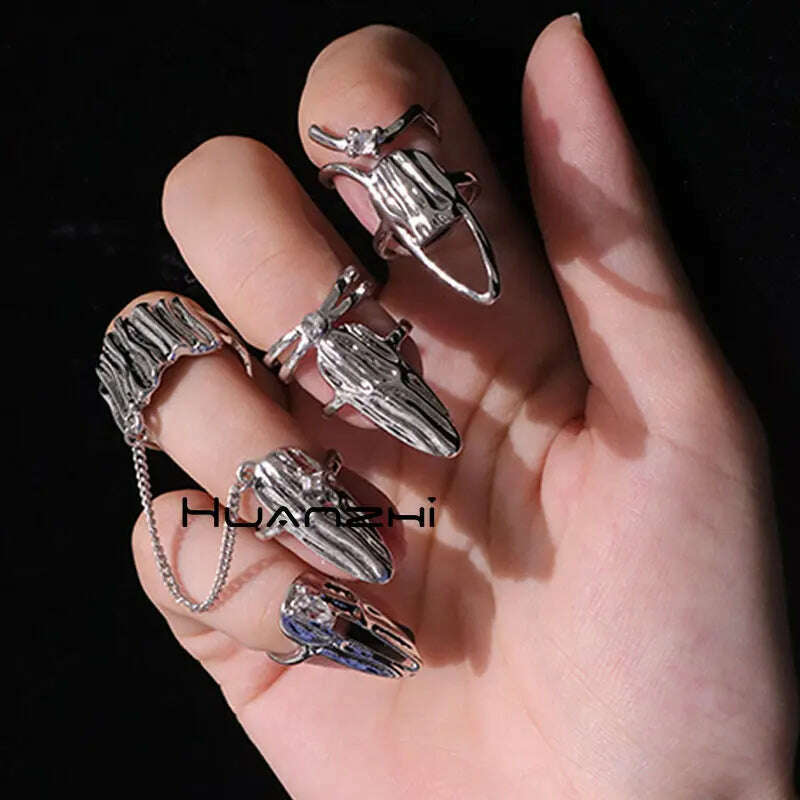 4Pcs/Set CyberPunk Metal Chain Alien Lava Zircon Decorate Nail Ring for Women Cool Girl Party Personality Y2K Jewelry HUANZHI - KIMLUD