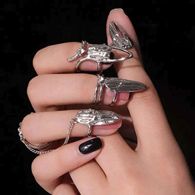 KIMLUD, 4Pcs/Set CyberPunk Metal Chain Alien Lava Zircon Decorate Nail Ring for Women Cool Girl Party Personality Y2K Jewelry HUANZHI, KIMLUD Womens Clothes