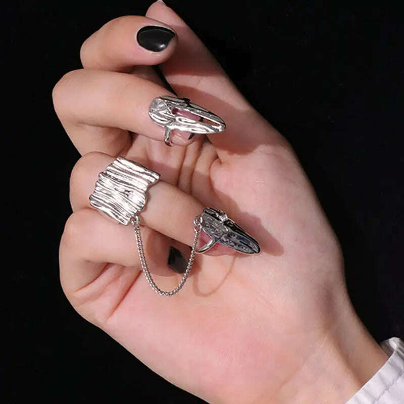 KIMLUD, 4Pcs/Set CyberPunk Metal Chain Alien Lava Zircon Decorate Nail Ring for Women Cool Girl Party Personality Y2K Jewelry HUANZHI, KIMLUD Womens Clothes