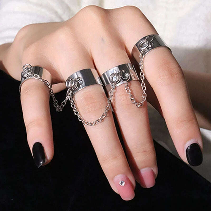 KIMLUD, 4Pcs/Set CyberPunk Metal Chain Alien Lava Zircon Decorate Nail Ring for Women Cool Girl Party Personality Y2K Jewelry HUANZHI, B, KIMLUD APPAREL - Womens Clothes