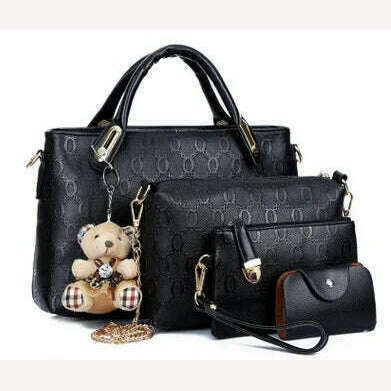 KIMLUD, 4PCS/Set Ladies Fashionable PU Leather Shoulder Bag Handbag Satchel Clutch Coin Purse Casual Bear Pendant Messenger Tote Bag, Black, KIMLUD Womens Clothes